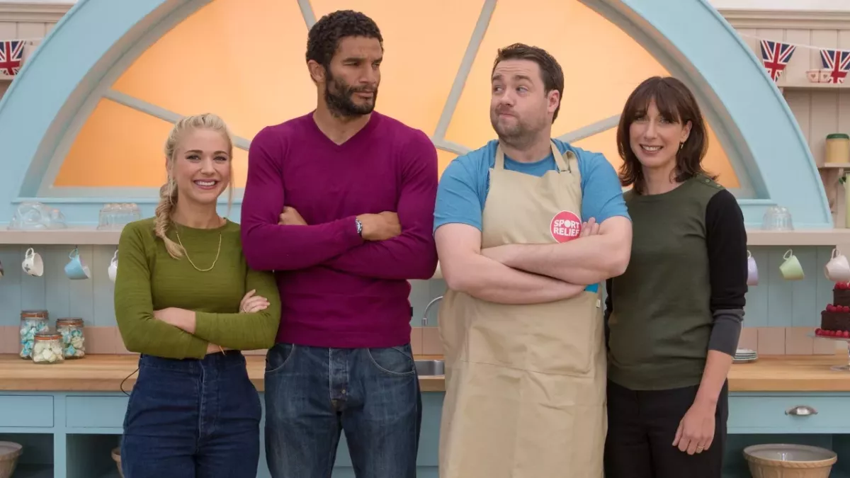 Celebrities pose for the camera as they prepare to take part in the comic relief special episode of the 'Great British Bake Off' for sport relief 2016 in Berkshire, England