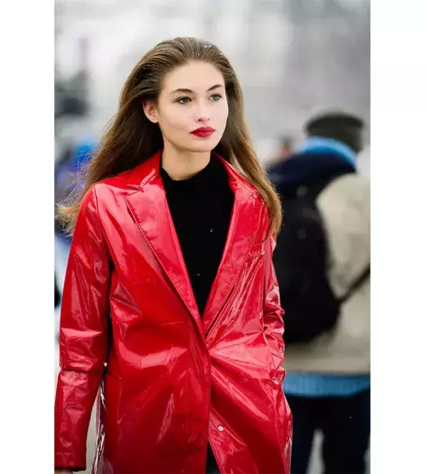 Black turtleneck and red vinyl coat @Pinterest