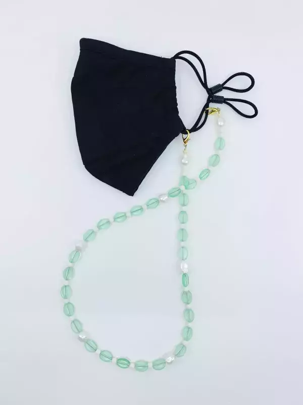 Green glass, pearl and bone mask chain