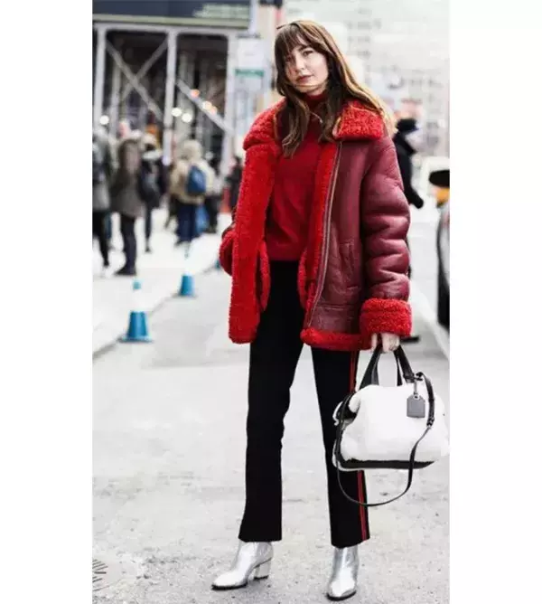 A red teddy coat with flared bordeaux jeans @Pinterest