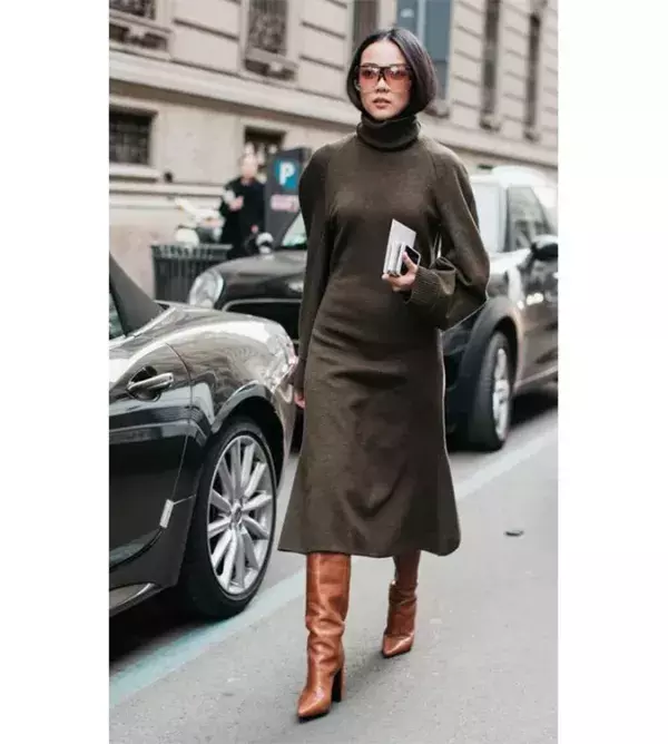 A wool dress with turtleneck and camel boots @Pinterest