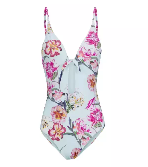 You can find this bright floral print one piece swimsuit at Pull and Bear.