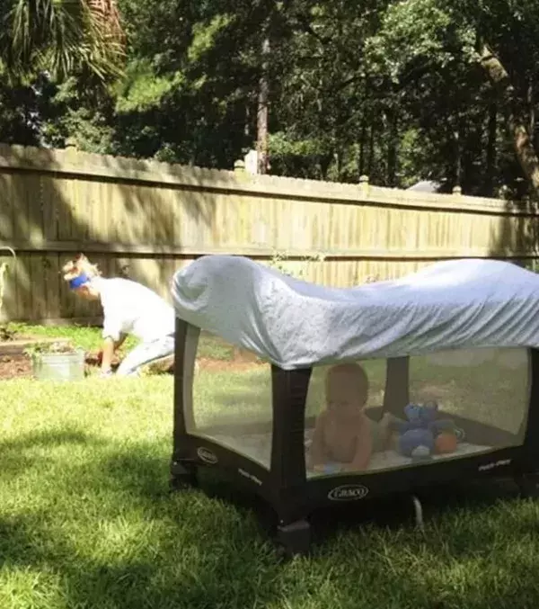 Add an elastic bed sheet on top of your child's play pen to keep the mosquitoes and bugs away.