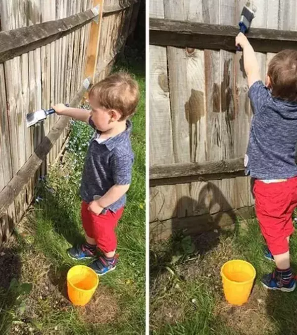 Keep your child busy by giving them a bucket of water and a brush. They can paint the fence for hours.
